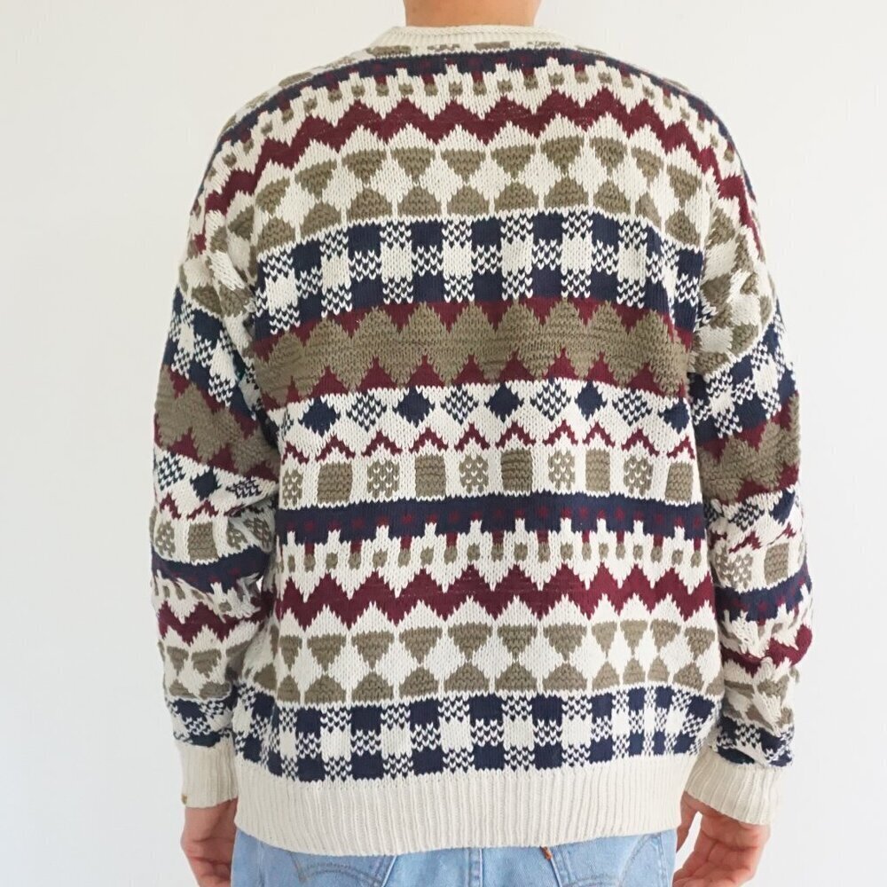 Vintage Adirondack beige navy cotton knit geometric sweater Cabincore Retro M - Picture 2 of 10